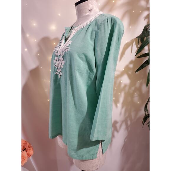 Talbots Womens Embroidered 100% Cotton Peasant Top Size MP Green Boho Hippie - Picture 3 of 9